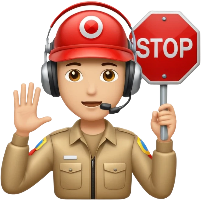 cartoon AI email bouncer with a visor and headset holding a stop sign blocking flying emails emoji emoji