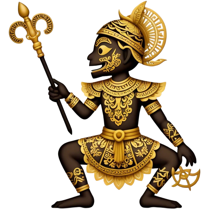 Cinematic Realistic Wayang Kulit Emoji, depicted as an intricate shadow puppet with detailed cut-out figures and traditional patterns, rendered with crisp textures and dynamic cultural lighting that captures its ancient artistry. emoji
