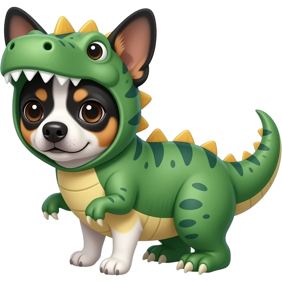 Un perro Chihuahua disfrazado de dinosaurio pero que el perro sea de color blanco y negro emoji