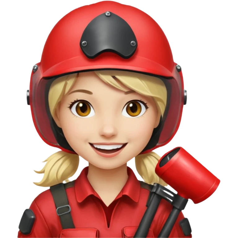 blond girl playing paintball with red paintball helmet, only face emoji