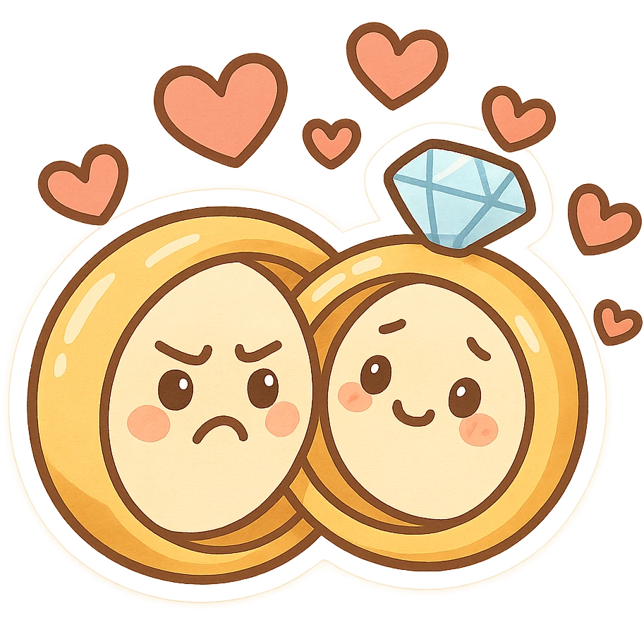 pair of wedding rings with faces, one looking frustrated and the other apologetic, both surrounded by hearts, funny and sweet for wedding stickers emoji
