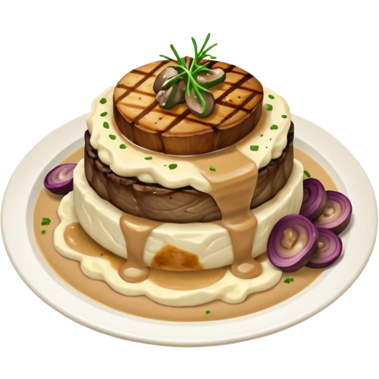 One Filet with mashed potato’s covered with mushroom gravy with grilled onions emoji