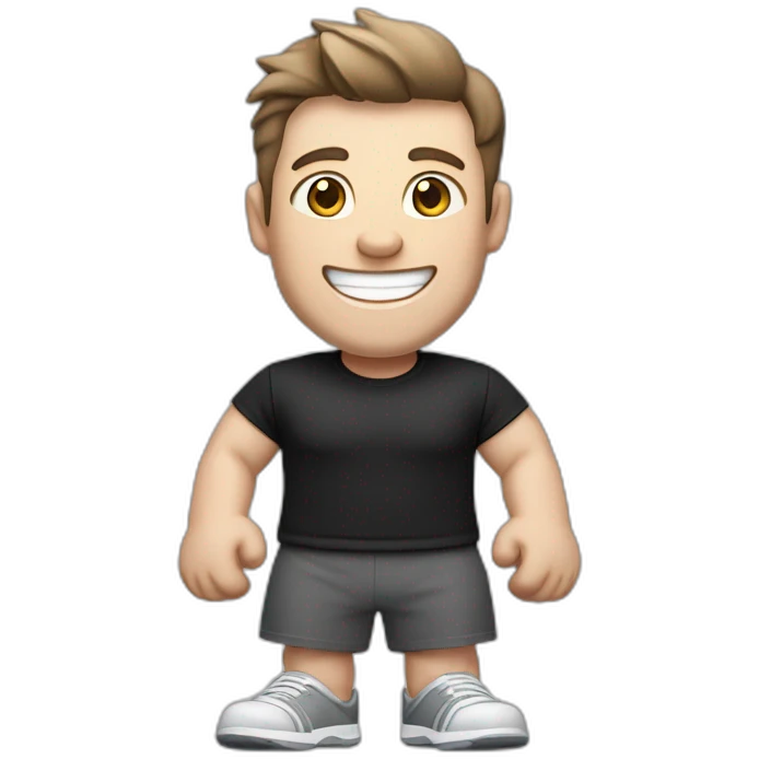 Joyful Celebrating victory Pale skinned Fit Man With the biceps and dark brown hair in black shirt, gray sports shorts and white Sneakers emoji