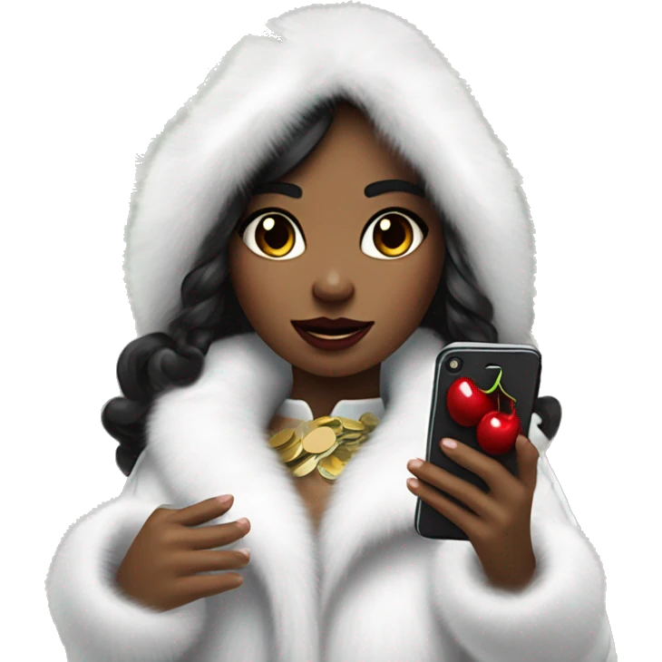 A girl in a white fur coat with dark hair with an iPhone in her hands with stickers in the form of cherries and money emoji