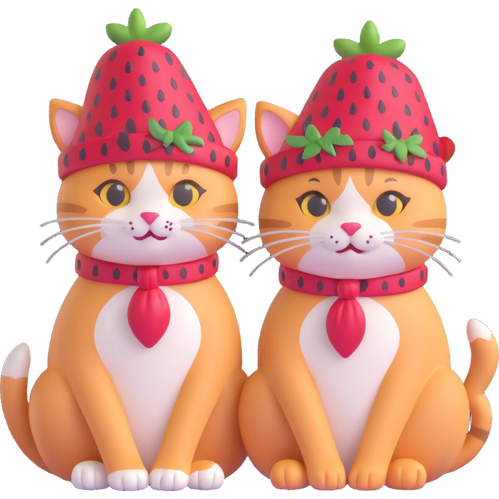 Two cats sitting next to each other, each wearing a strawberry hat emoji