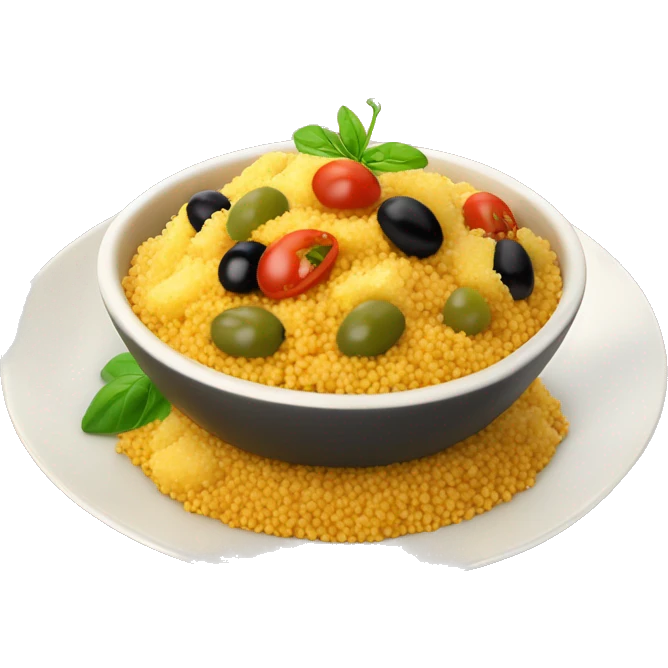 Couscous avec patate à la sauce tomate au dessus et olives vertes emoji