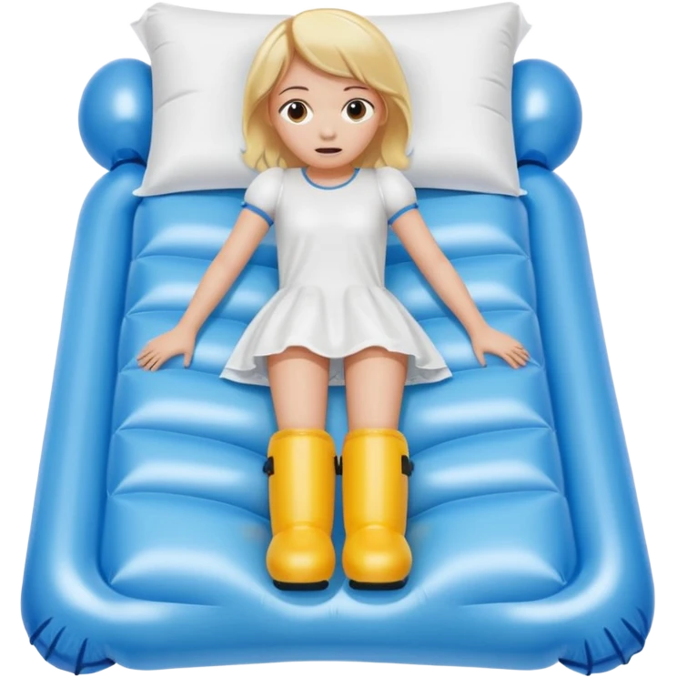 chica rubia con cara de miedo con unas botas de presoterapia gigantes inflables tirada en una cama emoji