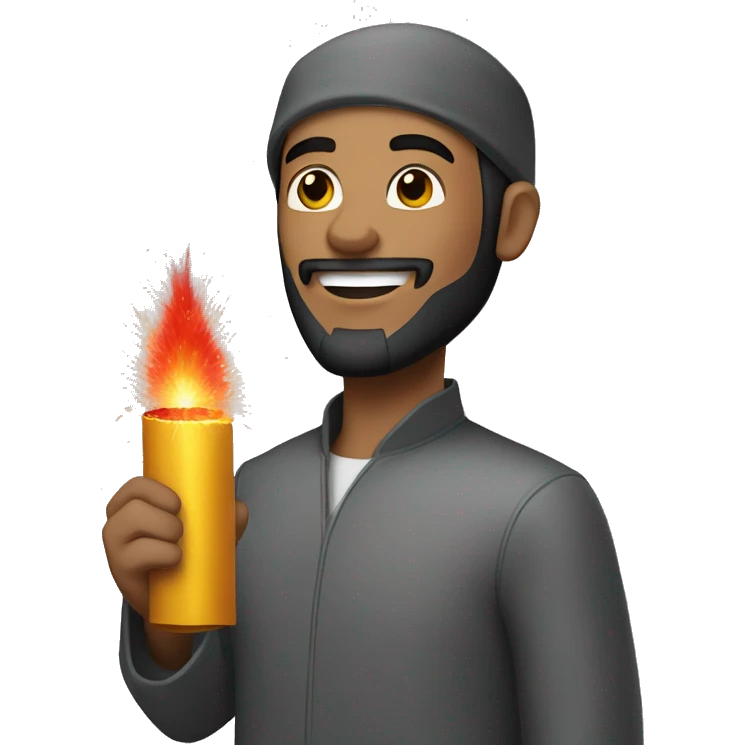 Muslim man holding a firecracker and building emoji
