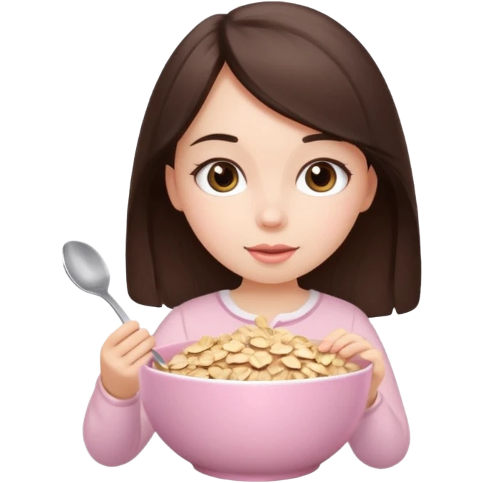 Brunette girl eating oats in a light pink bowl with a bow top emoji