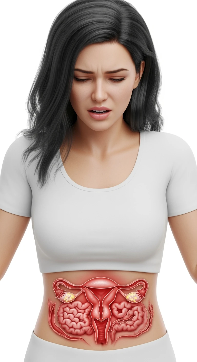 donna con utero umano realistico in evidenza dolorante, espressione di dolore in volto, sfondo bianco, iperrealistica 4k emoji
