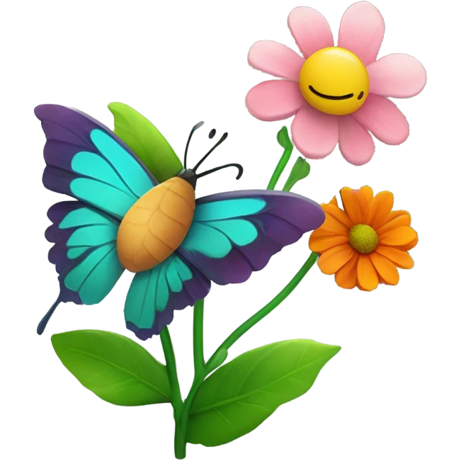 A flower with a butterfly making a confused face emoji