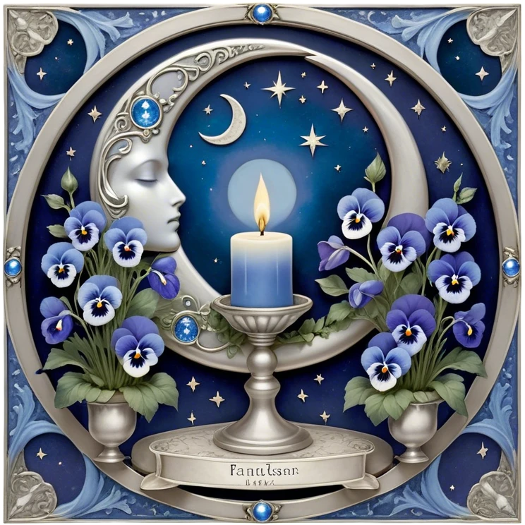 A mystical scene where deep blue and light blue pansies bloom under a silver crescent moon, casting an ethereal glow across the enchanted garden. A round, pearl-colored candle flickers atop an ornate silver stand, its wax melting into swirling patterns resembling planetary orbits. Surrounding it, a set of celestial tarot cards—The Moon, The Star, and The High Priestess—are carefully placed, their intricate silver engravings shimmering with divinatory power. The background sky is adorned with floating zodiac constellations, softly pulsing as if alive, while a trail of stardust leads to a glowing cosmic portal that opens into a swirling galaxy. emoji