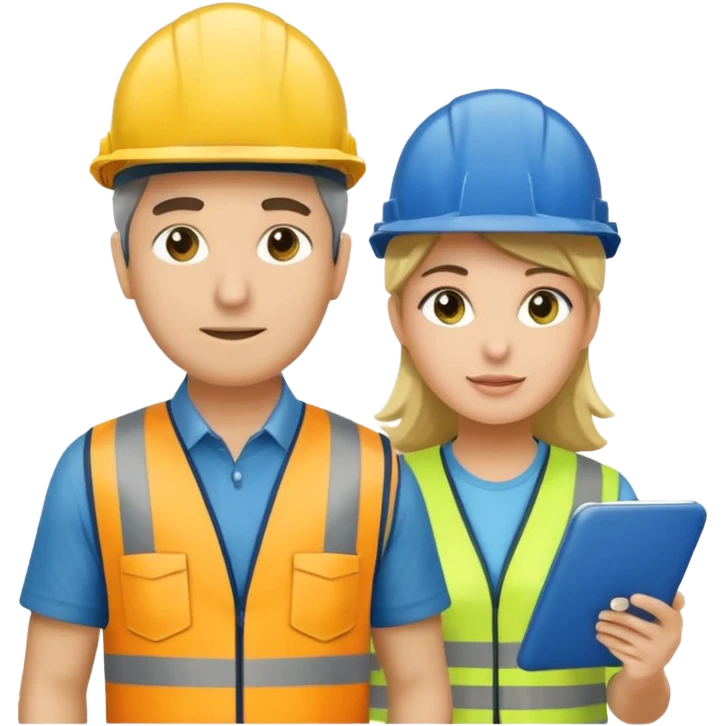 Um homem e uma mulher amarelos com capacete de obras azul escuro e camisa social cinza com faixas refletivas verdes nos braços. Um deles deve estar segurando um megafone emoji