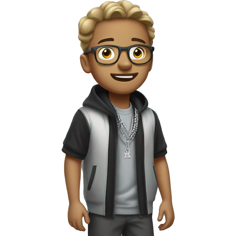 Boy singing rap, wearing glasses and silver chain, Nike clothes, half-length view emoji