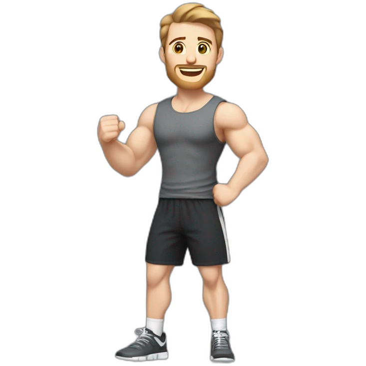 Close up Actively gesturing  with hands Pale skinned Fit Man With the biceps and brown hair in dark gray Sleeveless Mike, black oversize sports shorts, watch and white Sneakers emoji