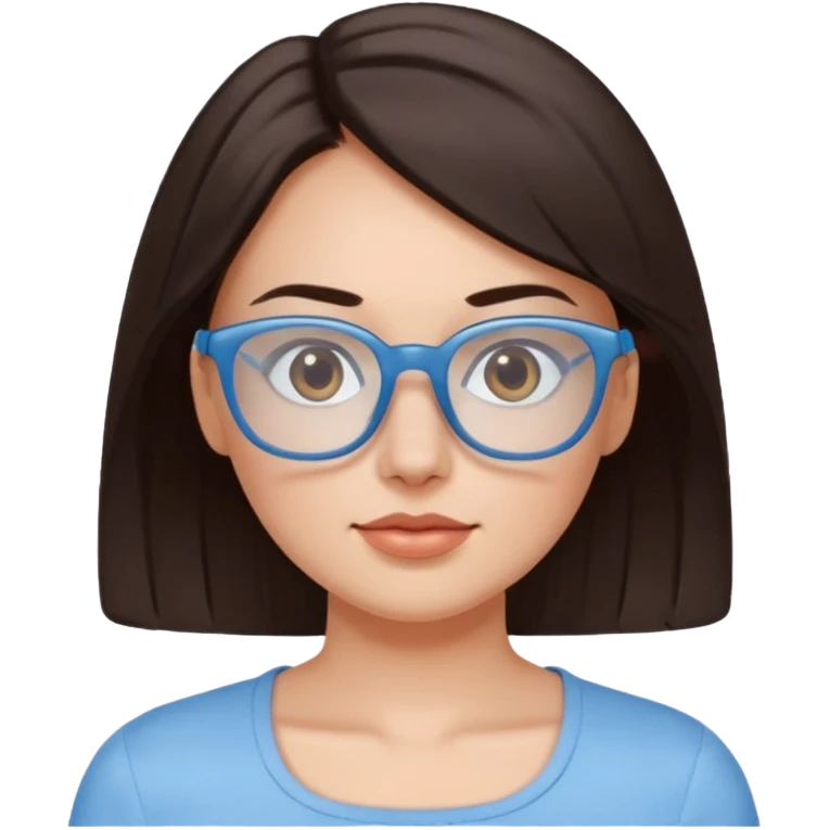 mujer de 30 años, cabello marron oscuro, ANTEOJOS CELESTE BLANCOS, top celeste escote cuadrado, piel blanca, cara redonda emoji