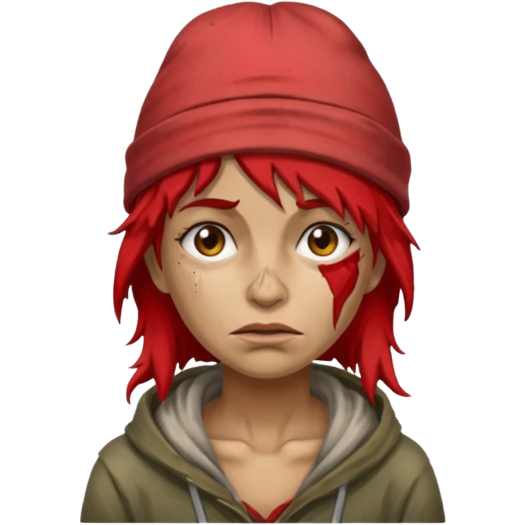 very dirty looking homeless woman with ripped red hat with ugly hair emoji