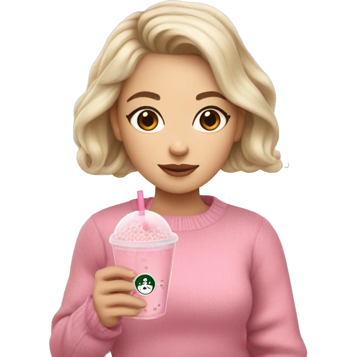 White-skinned Girl in a pink sweater holding a glass of bubble tea in her hand emoji