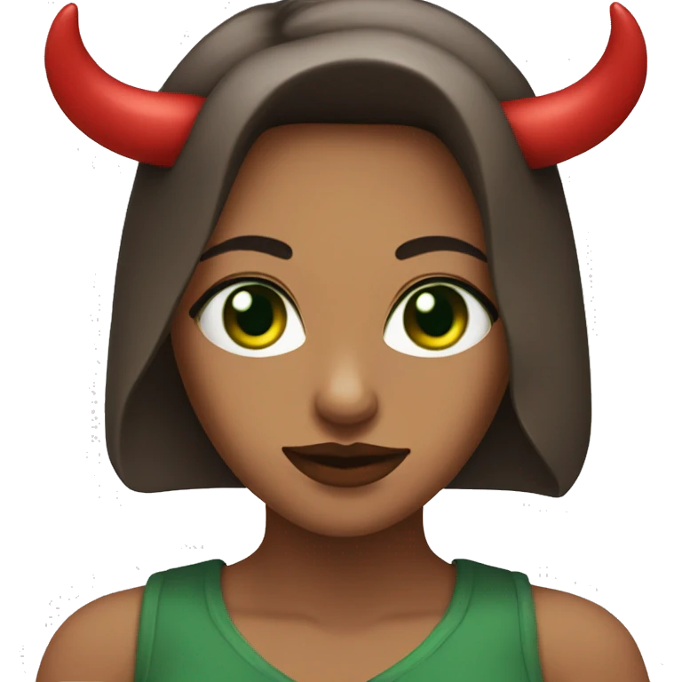 Woman with brown hear green eyes red lips with horns on the head emoji