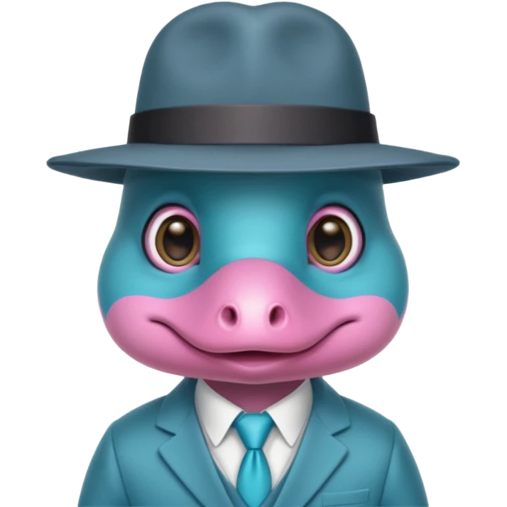 cute light blue turqiouse platypus head, mysterious with very big eyes with a detective hat, no  hands, looks like a platypus but blue, the hat and suit are pink emoji