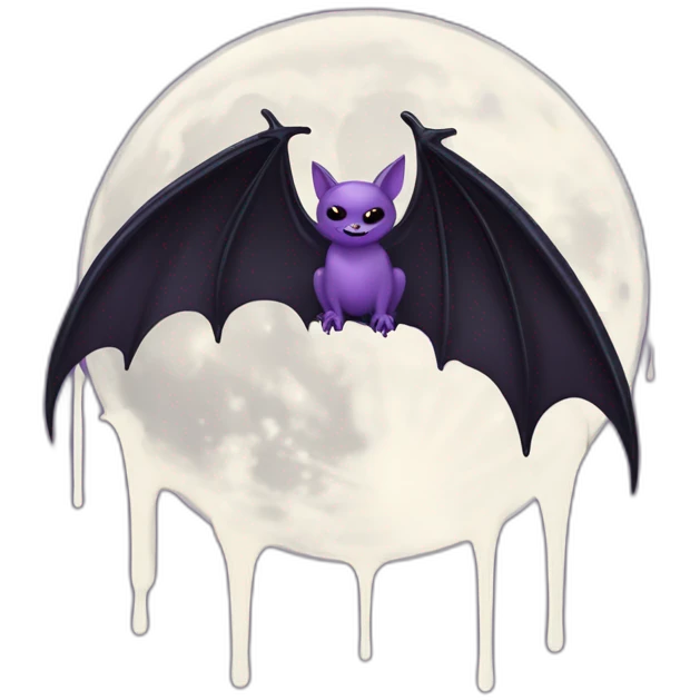 purple black vampire bat wings flying in front of large dripping grey crescent moon emoji
