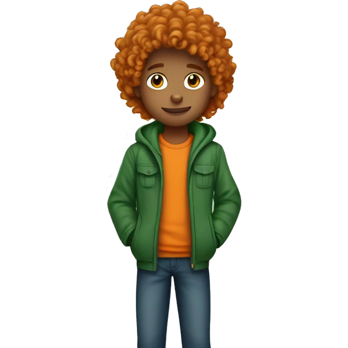 a curly long haird boy with green jacket holding an orange cat emoji