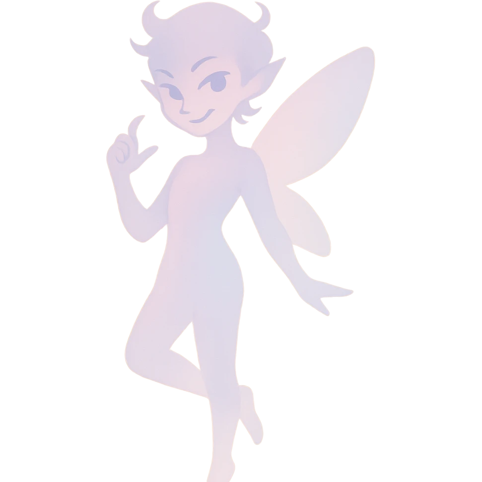 delicate figure with a soft glow, playful mischief in the eyes, and an enchanting aura, in a minimalist silhouette with pastel colors emoji