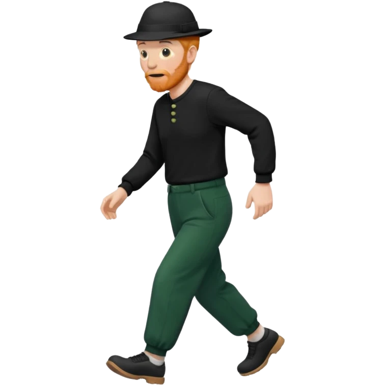 גבר זקן ג'ינג'י מלא כובע שחור הפוך חולמה שחורה ומכנסיים ירוקות ארוכות מבצע הליכה נמרצת במקום  emoji