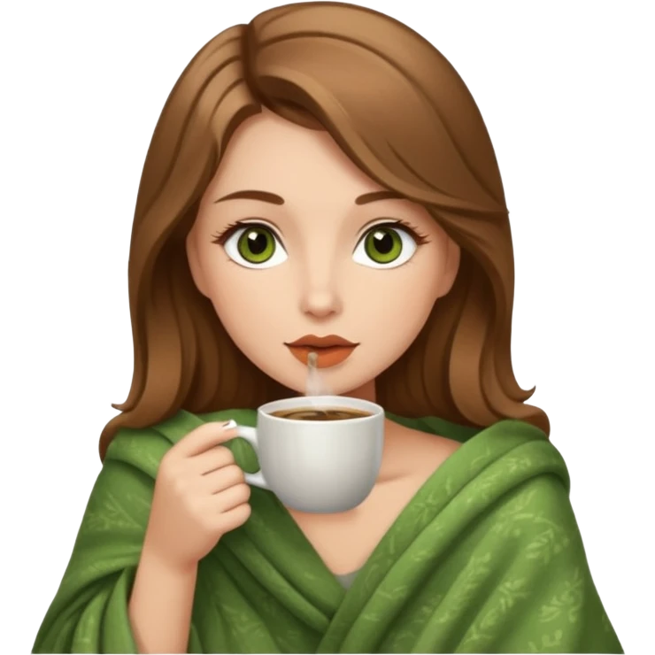 Brown hair with blonde strands, brown-green deer eyes, plump lips lady wearing light brown blanket drinking coffee  emoji