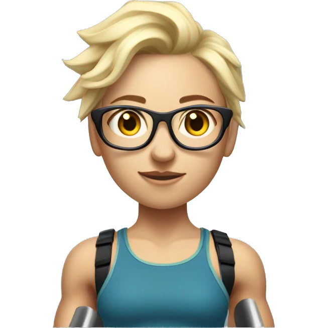 White Sports Girl with short spiky blonde hair glasses wearing shorts holding barbell on shoulders emoji
