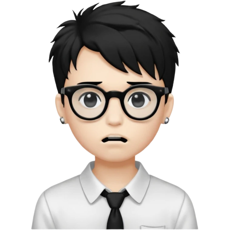 A boy with white skin, very black, medium and frayed hair, black eyes, black square glasses, white blouse and mouth piercing emoji