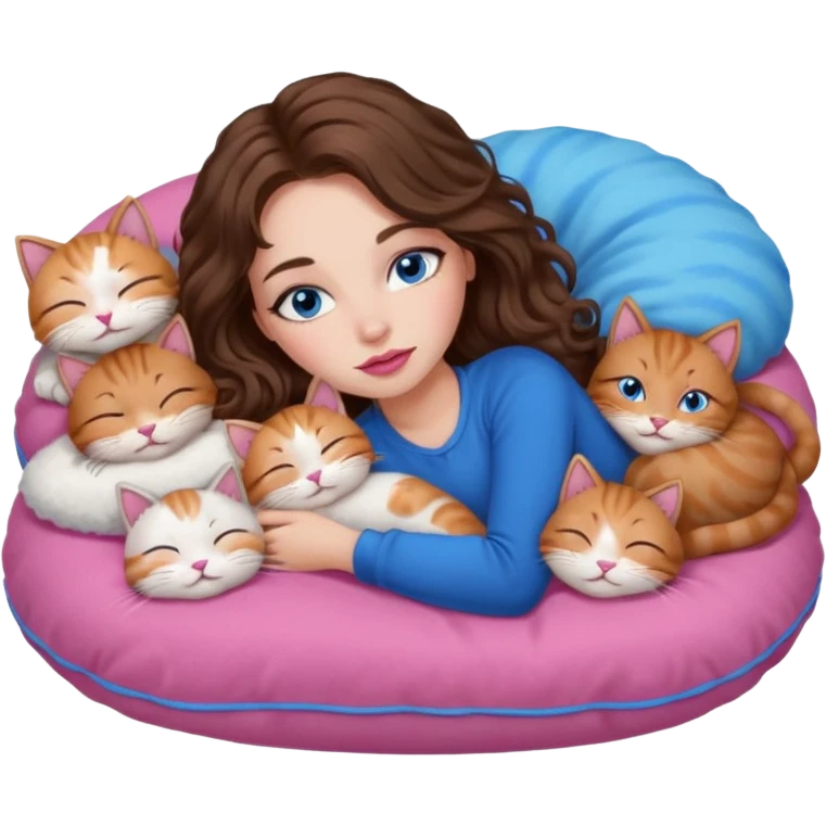 girl with long wavy brown hair, blue eyes, long lashes makeup, sexy pink lips, sleeping on a cozy pillow with 6 cats emoji