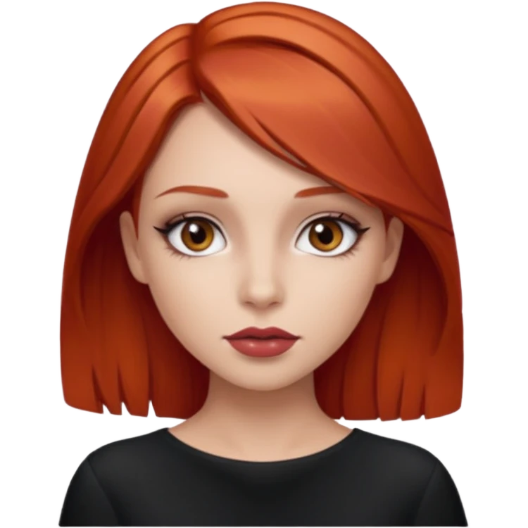 una chica con los labios con pintalabios nude y los ojos maquillados, de piel blanca con el pelo liso y por debajo de los hombros y pelirrojo, ojos marrones emoji