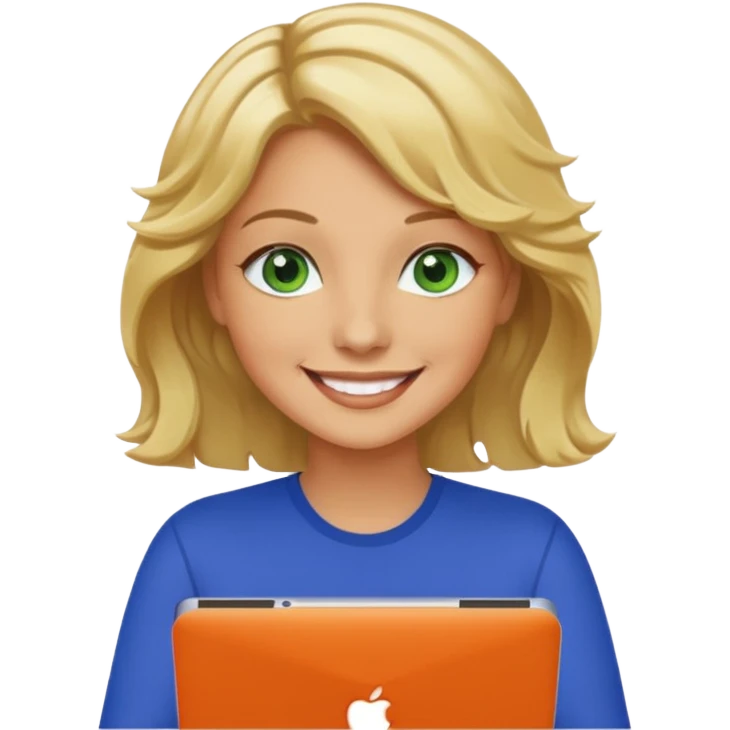 short wavy blonde hair tan skin teacher green eyes woman happy holding chromebook emoji