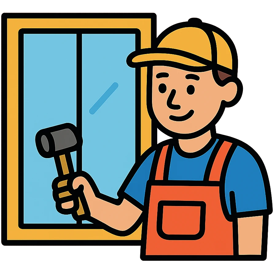 Window repair craftsman smiling while holding a small rubber mallet in his hand, looking at window he's fixing emoji