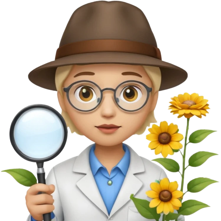 A 3D cartoon scientist wearing a hat and holding a magnifying glass close to bright flowers, curious expression, detailed Memoji-style realism.A 3D cartoon scientist wearing a hat and holding a magnifying glass close to bright flowers, curious expression, warm daylight. emoji
