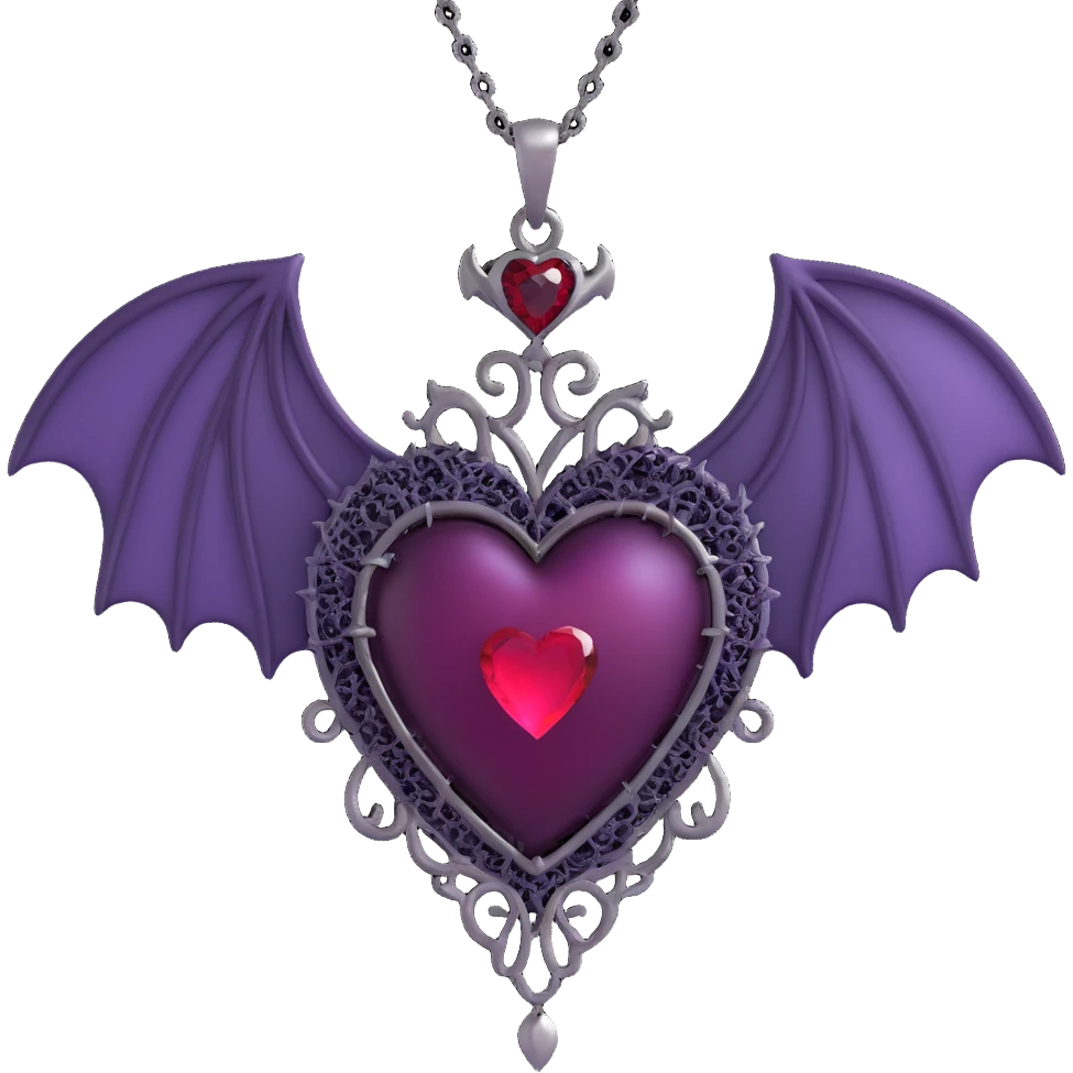 3D emoji gothic heart, deep purple satin texture, ornate silver filigree, black lace trim, faint purple glow, silver chain wrap, spiderweb overlay, bat wing accent, blood red teardrop gem emoji