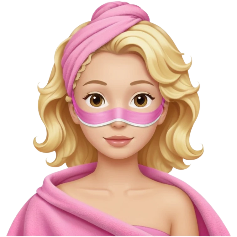 A white girl with blonde wavy hair in a pink towel with a spa face mask is relaxing emoji