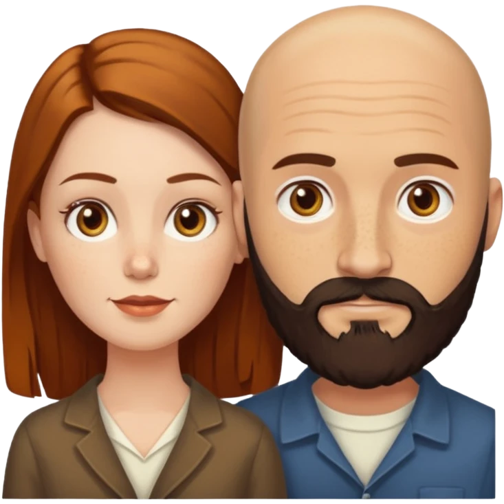 Couple. Bald man with dark brown-black beard. White woman with many small, faded freckles, she has white skin and she has auburn-yellow-brown-cinnamon, dark long hair. She has light brown eyes. The man have hazel eyes. Retro style. emoji