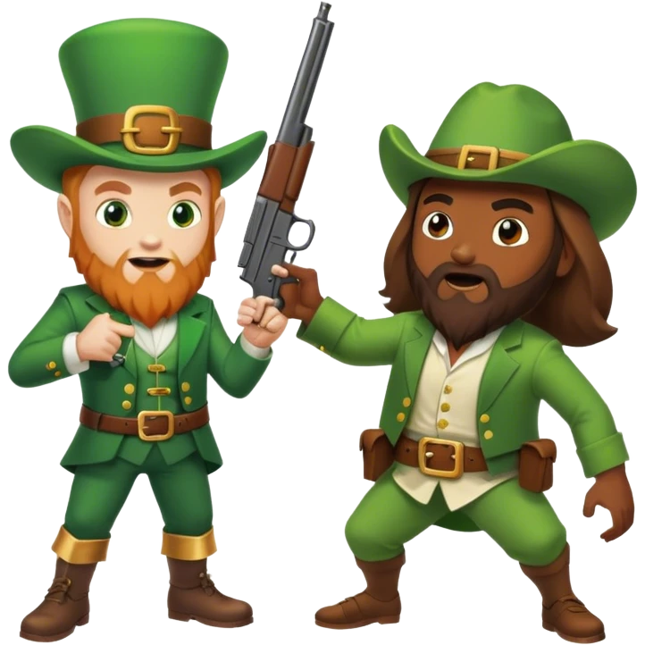 Leprechaun fighting Jesus with a gun emoji