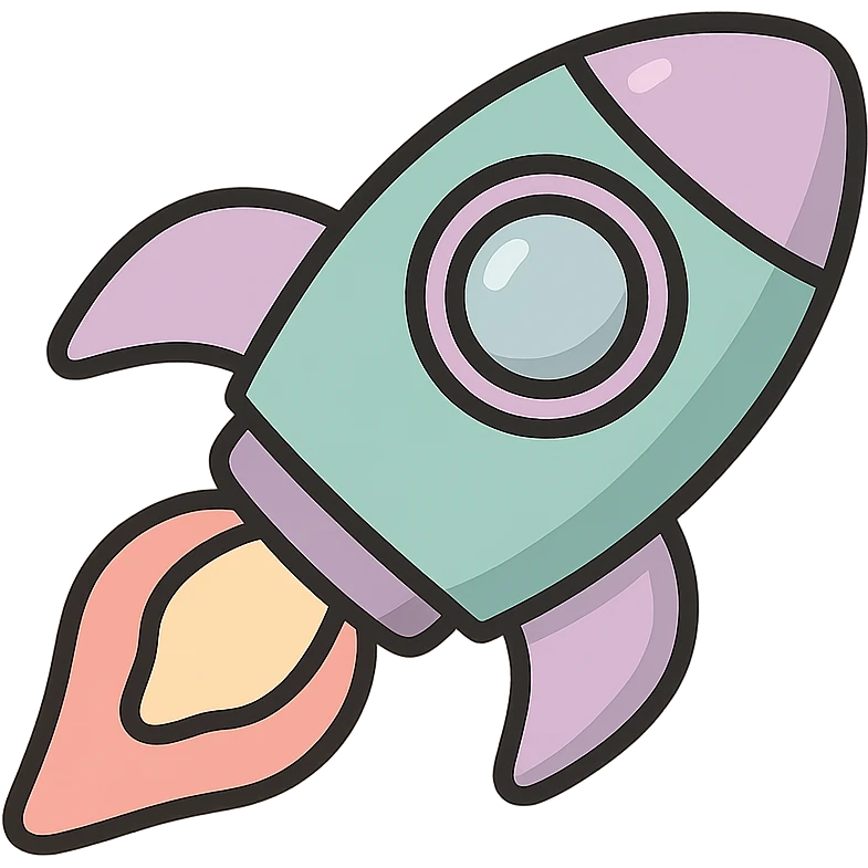 cute 2d rocket flying diagonally to the side, vector look with shadows and highlights, detailed shading, thin clean outlines, soft rounded features, pastel palette #98B5BC #B5B3C1 #C9A3C9 #E4C0CA #F7DCD1 #F7C0AA, Japanese pop art, sticker look, highly detailed emoji