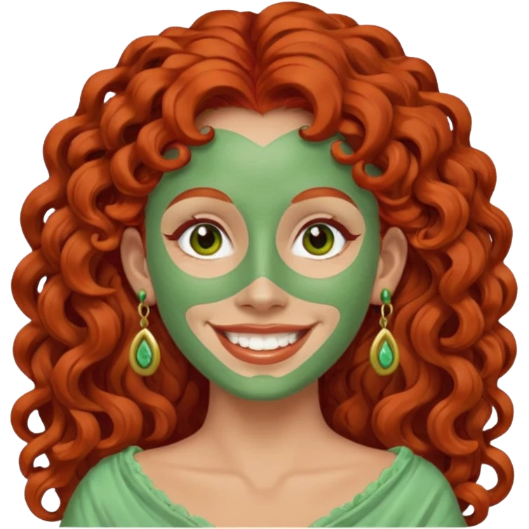 red haired very long curly haired woman with full face light green clay mask  and big earrings  emoji