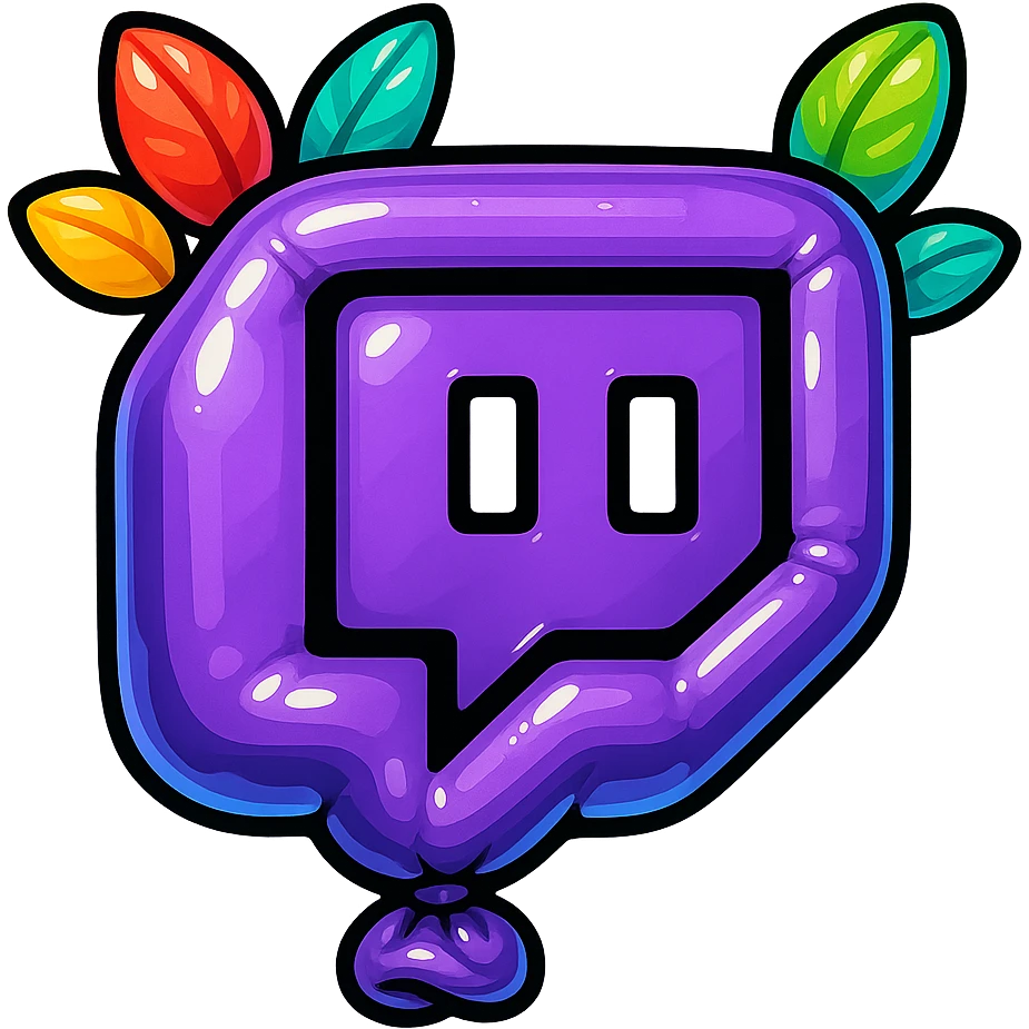 Chunky, smooth, and glossy Twitch logo, cartoon style, bold outline, strong shadows, bright highlights, decorated with colorful leaves, no background. Extra attention to contours and shine, in the style of the reference image, but even more rounded. emoji