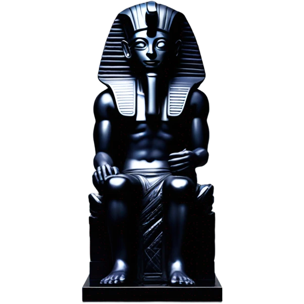 Osiris obsidian statue on granite 30 ton , massive size, sunlight behind, sunset colors, reflections on black stone polished clean perfect, photography angles emoji