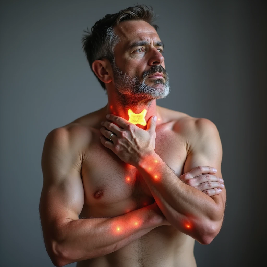 man with tired expression, body symbolically showing autoimmune diseases: highlighted thyroid, swollen joints, red skin, discomfort atmosphere, realistic details, neutral background, 4K quality emoji