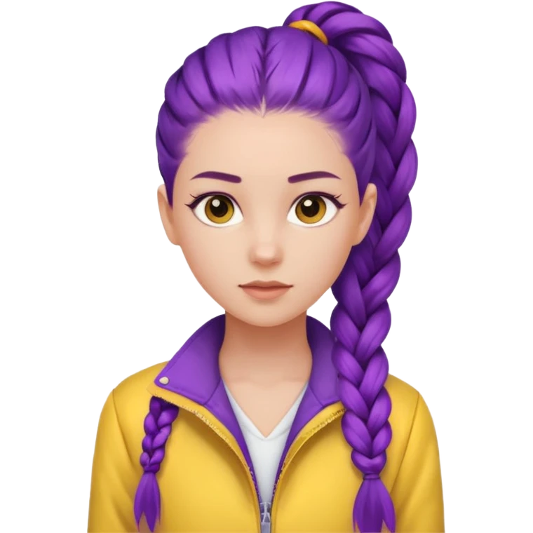 a beautiful girl face, long purple high pony single braided hair from the forehead, wearing a white shirt and a yellow jacket emoji