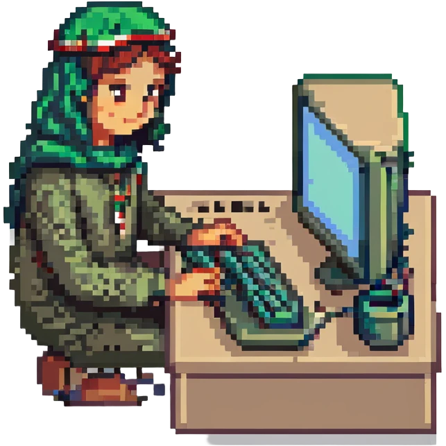 pixel art of a Palestinian coder at a computer, with subtle Palestinian cultural elements emoji