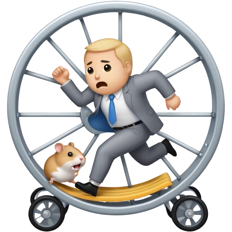 "Create an emoji of a stressed-out agency owner or coach, running on a hamster wheel, chasing after clients with desperation. The character looks frustrated and tired, symbolizing unpredictable income."

 emoji