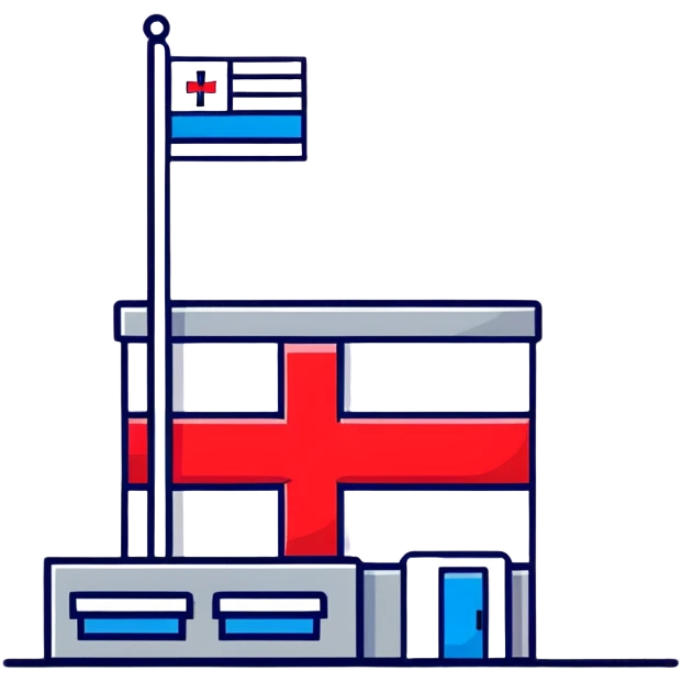 Modern hospital with Thai flag prominently displayed, medical symbol, flag with red white blue stripes emoji