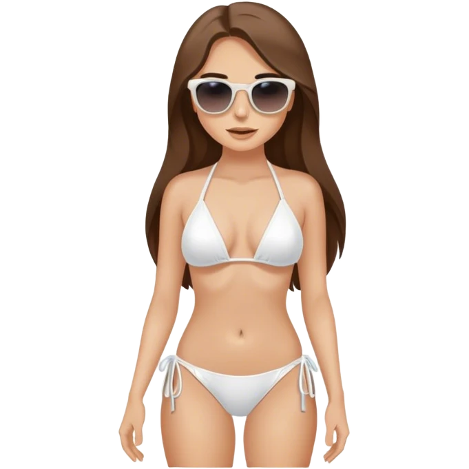 beautiful pale brunette girl with long hair posing on white bikini with sunglasses  emoji
